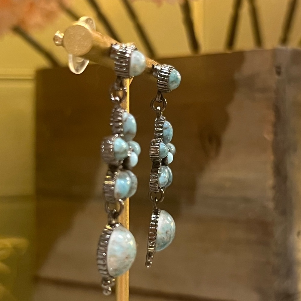 Turquoise flower dangle 3 tier earrings stud backing hangs 2” 0.75” wide jewelry - Picture 8 of 10